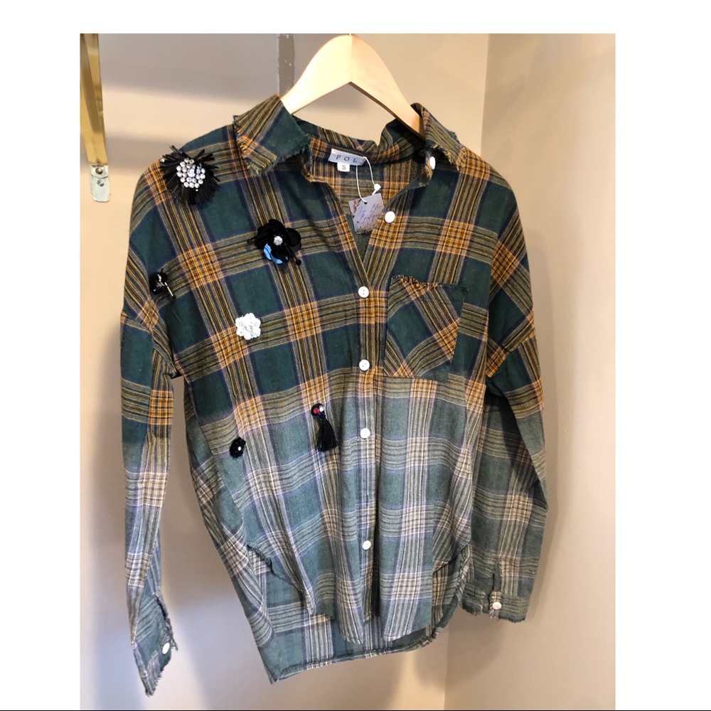 Embellished Green Ombré Cotton Plaid Button Down